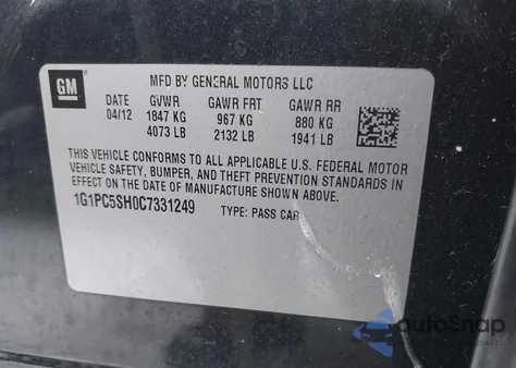 2012 Chevrolet Cruze Ls from USA, damaged, VIN 1G1PC5SH0C7331249